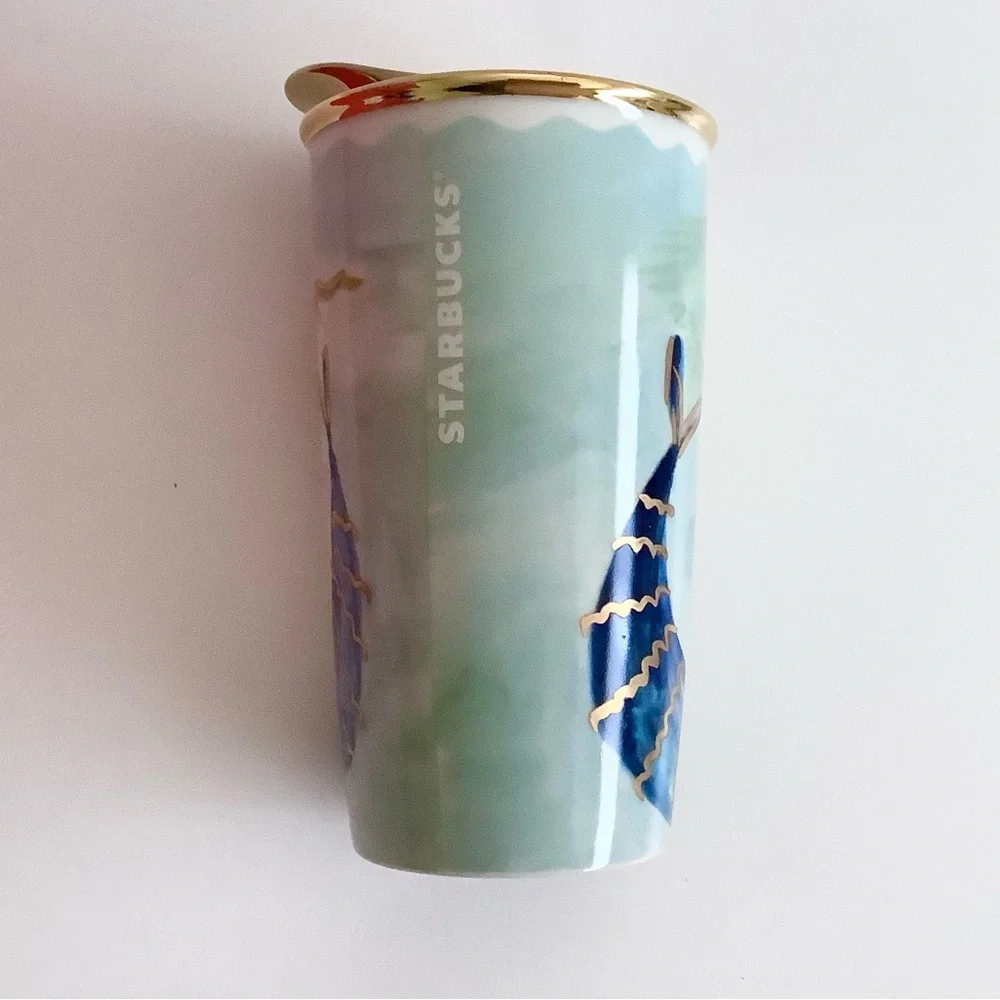 Starbucks Mermaid Siren Ceramic Travel Tumbler Mug Gold Lid 2014 Watercolor new - Picture 6 of 12